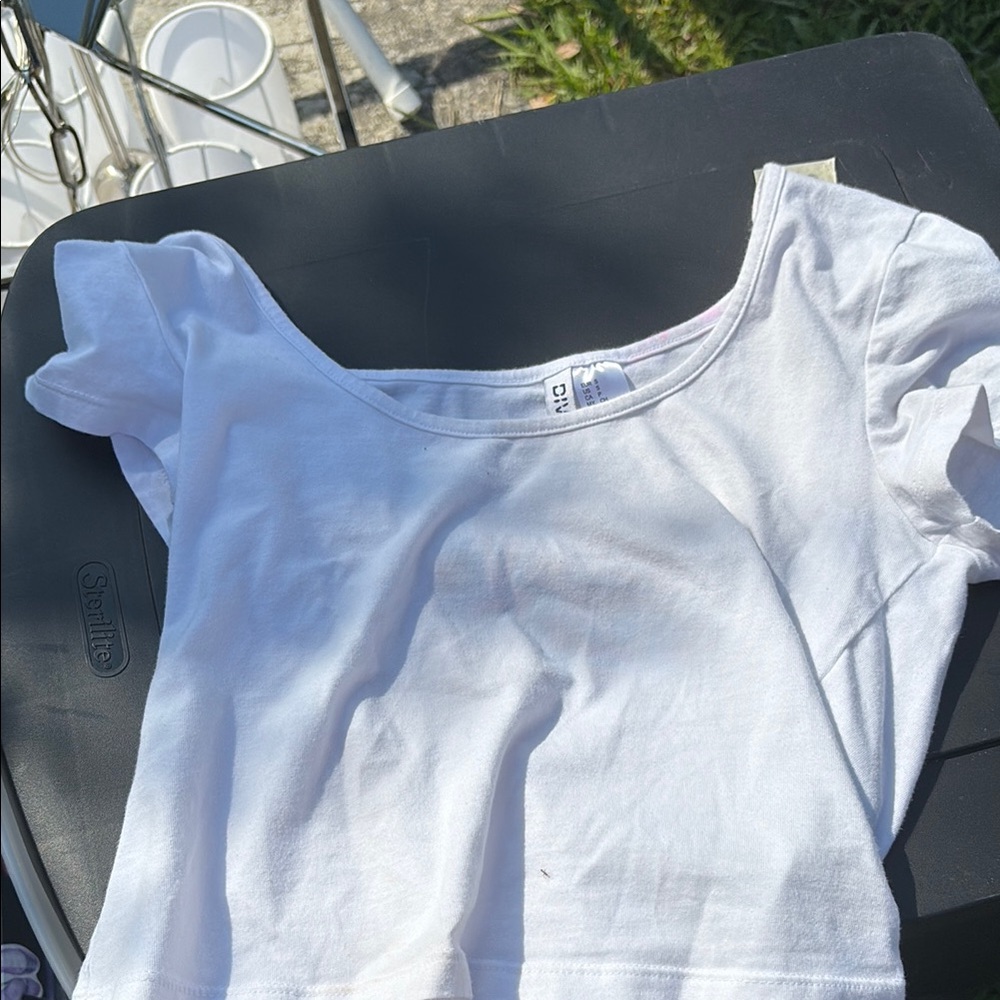 Divided White Short Sleeve Tee with Ruffle Details